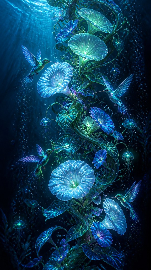 a climbing vine of flowers and hummingbirds on a dark background, tall wrapping composition, no text — Underwater Fantasy Art phone case design