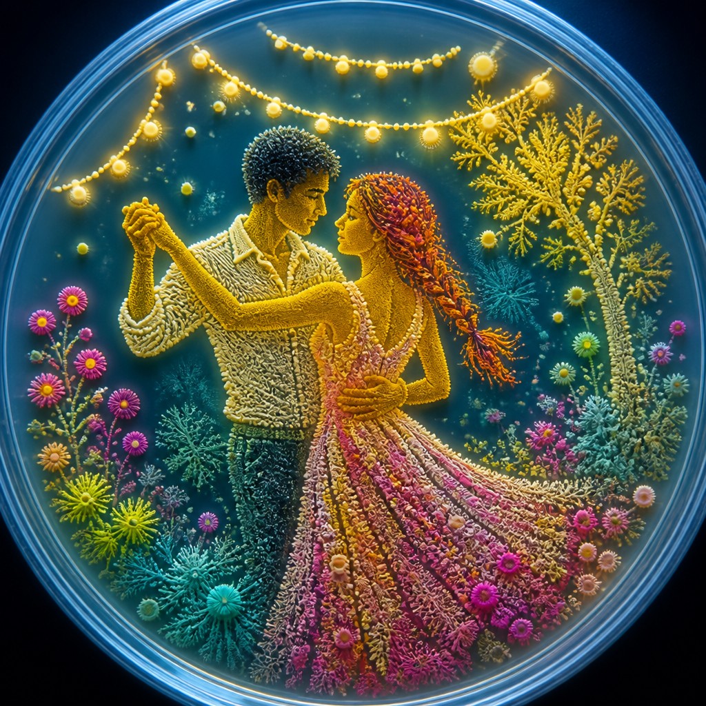 an original couple dancing under string lights in a garden at dusk: a man with short black hair in a linen shirt and a woman with braided red hair in a summer dress — Bacteriological Agar Art couple portrait