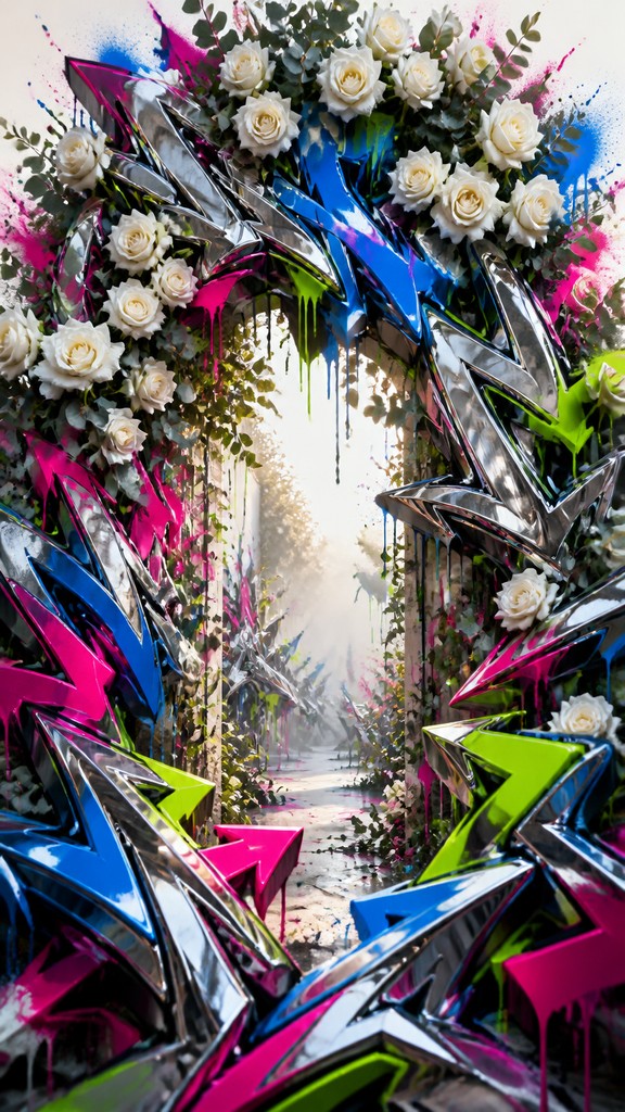 an arch of white roses and eucalyptus in soft morning light, elegant vertical composition with open space, no text — Wildstyle Graffiti Street Art Style wedding invitation