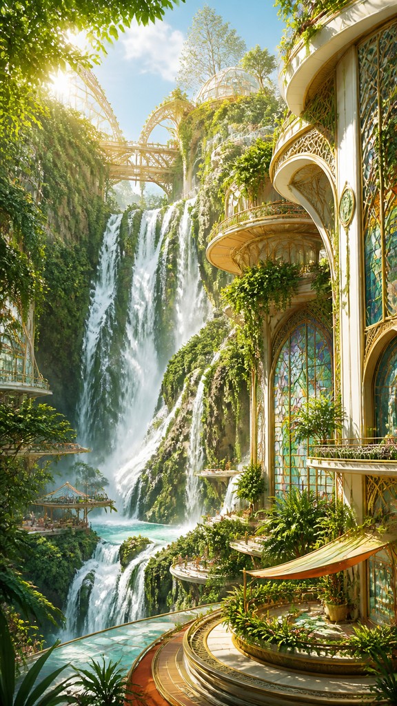 towering waterfall cascading down a cliff — Solarpunk Aesthetic