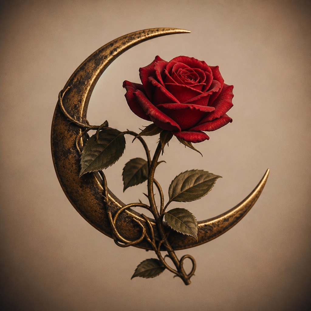 a rose entwined with a crescent moon, clean balanced composition on a plain background, no text — Photographic Realism Art Style tattoo design