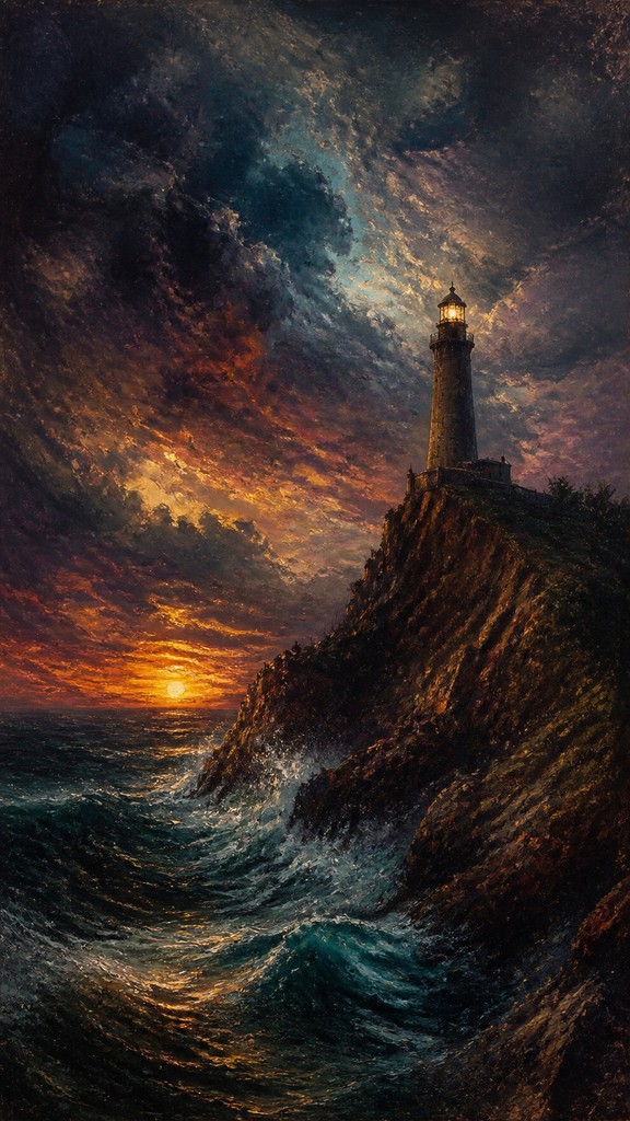 a lone lighthouse on a cliff at dusk under a dramatic sky, no text or lettering — Romantic Classical Art Style poster