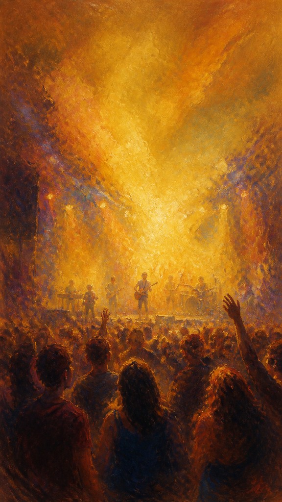 a live music scene with a glowing stage and silhouetted crowd, energetic vertical composition with open space at the top, no text — Venetian Colorism Renaissance Art Style flyer