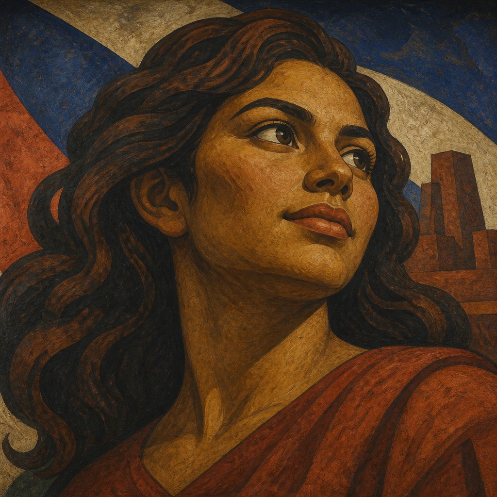 head-and-shoulders portrait of an original character: a young woman with wavy chestnut hair and a warm smile, plain soft backdrop — Mexican Muralism Art Style profile picture