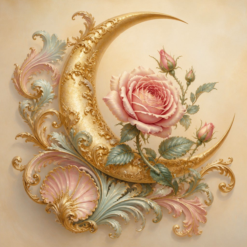 a rose entwined with a crescent moon, clean balanced composition on a plain background, no text — Rococo Classical Art Style tattoo design