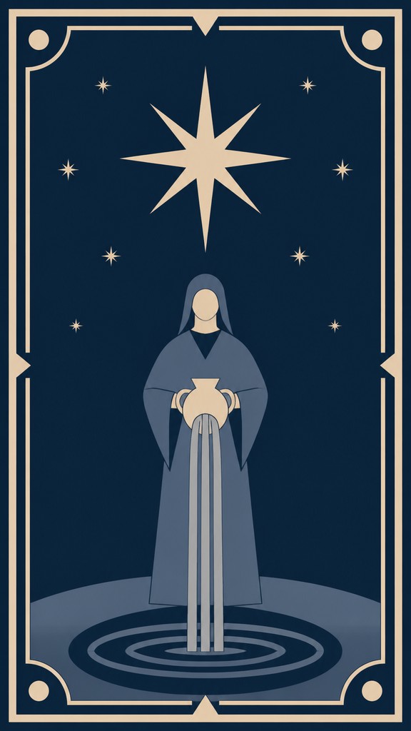 a robed figure pouring water beneath a large eight-pointed star in a night sky, symmetrical composition with an ornate decorative border, no text — Minimalism Art Style tarot card