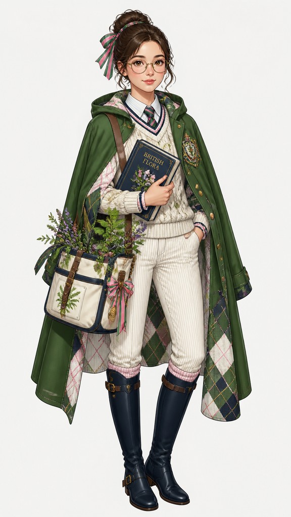 full-body original character: a wandering botanist with a satchel of plants, a patched green cloak, tall boots and round glasses, neutral background — Preppy Aesthetic character design
