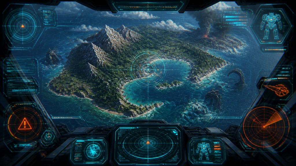 a map of an island realm with mountains, forests, a sheltered bay, sea monsters in the water and a compass rose, no text labels — Mecha Pilot Interface View fantasy map