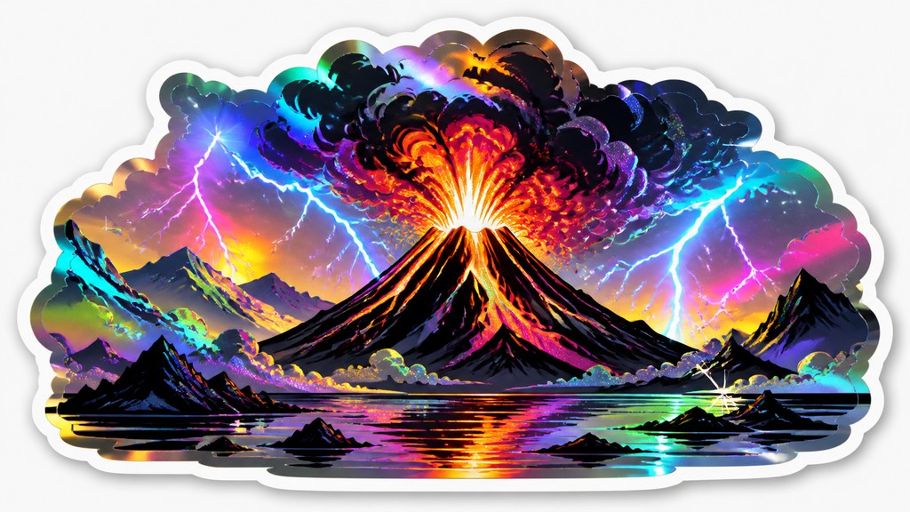 an erupting volcano with lightning strikes, dramatic wide composition, no text — Holographic Sticker Design YouTube thumbnail
