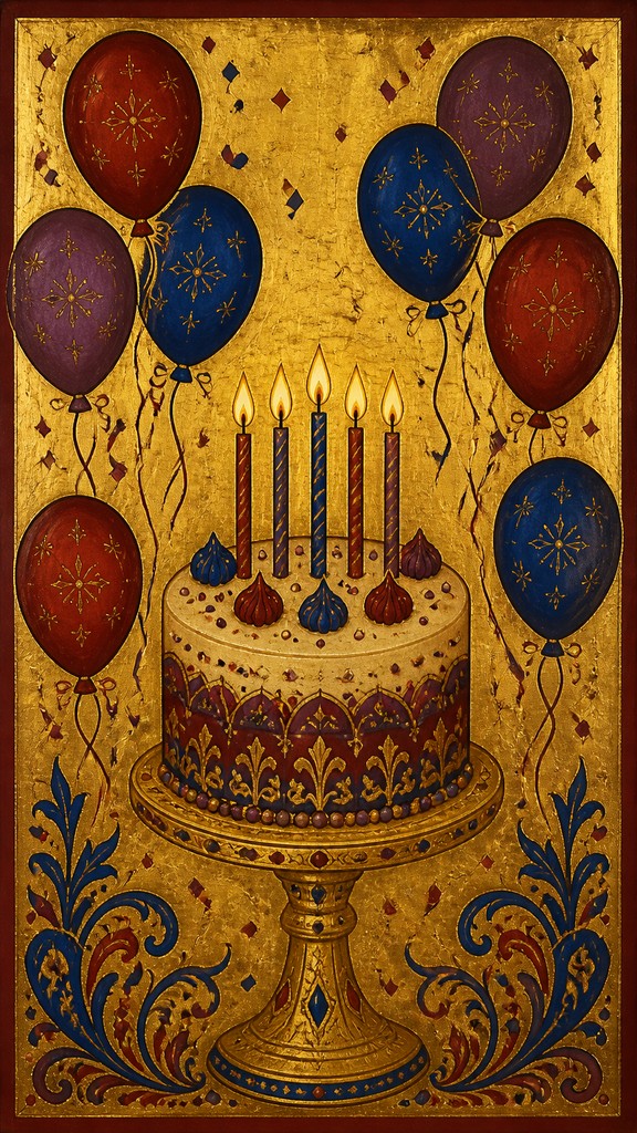 a birthday cake with lit candles surrounded by balloons and confetti, festive vertical composition, no text — Byzantine Art Style birthday card