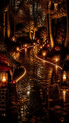 a winding forest path in golden autumn light, no people — Night Luxe Aesthetic wallpaper