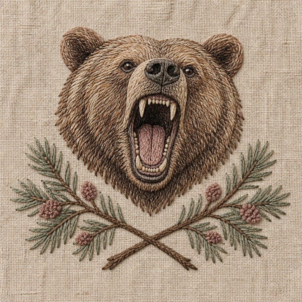 a roaring bear head above crossed pine branches, bold graphic composition on a plain background, no text — Hand Embroidery Illustration / Textile Art t-shirt design