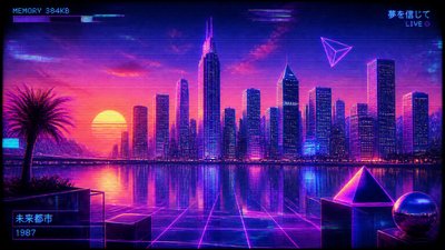 a city skyline panorama at dusk with glowing windows, no people — Vaporwave Art Style wallpaper