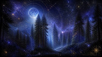 a panoramic redwood forest with light rays through mist, no people — Celestial Aesthetic wallpaper