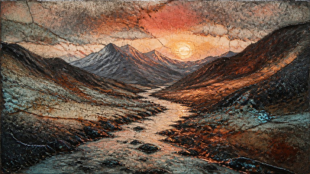 a vast valley with a river winding toward distant mountains at sunrise, no people, no text — Japanese Raku Ceramic Art Style desktop wallpaper