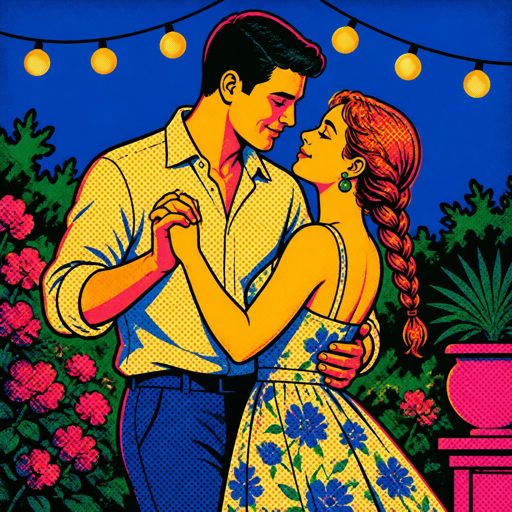 an original couple dancing under string lights in a garden at dusk: a man with short black hair in a linen shirt and a woman with braided red hair in a summer dress — Pop Art Portrait Style couple portrait