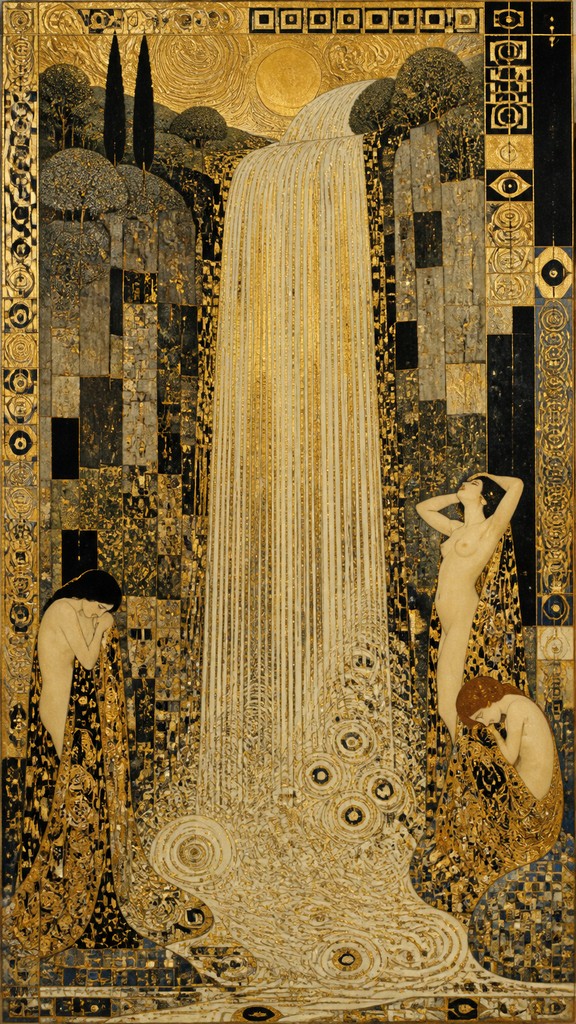 towering waterfall cascading down a cliff — Vienna Secession Art Style