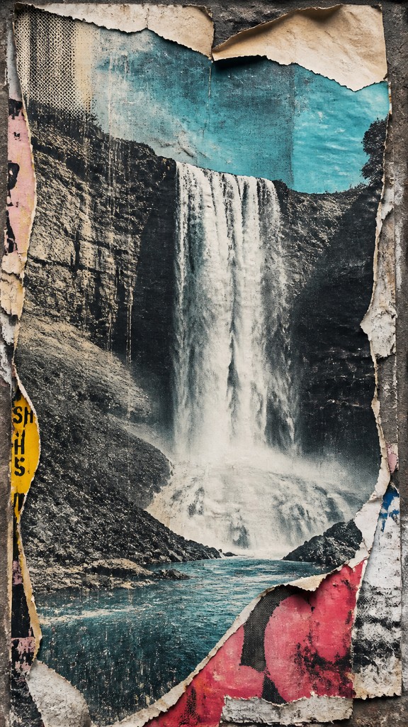 towering waterfall cascading down a cliff — Wheatpaste Poster Street Art Style