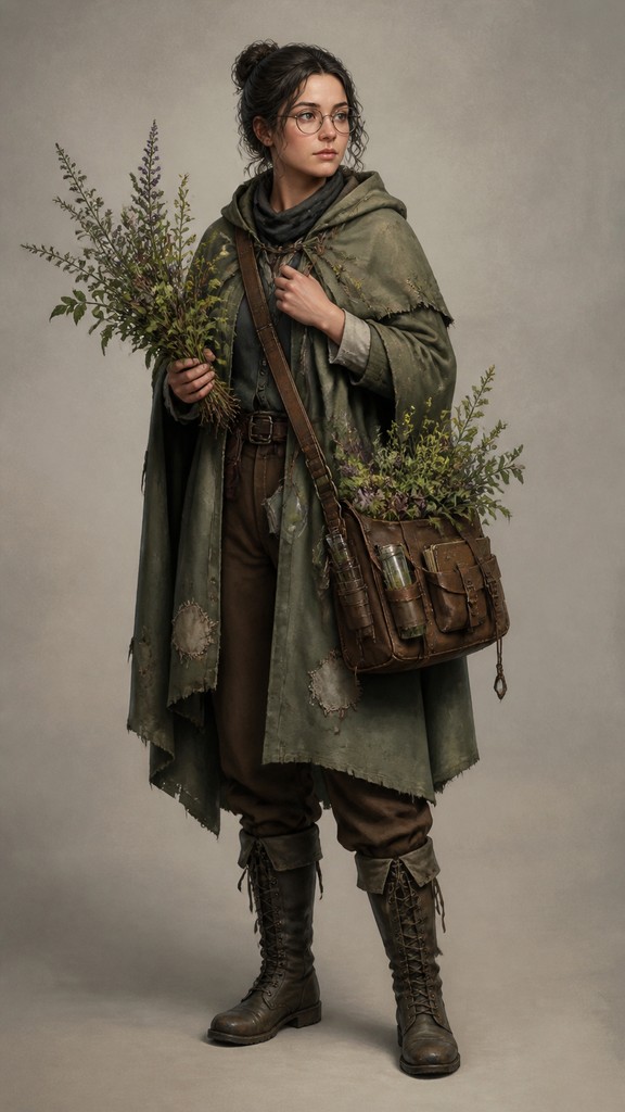 full-body original character: a wandering botanist with a satchel of plants, a patched green cloak, tall boots and round glasses, neutral background — Contemporary Realism Art Style character design