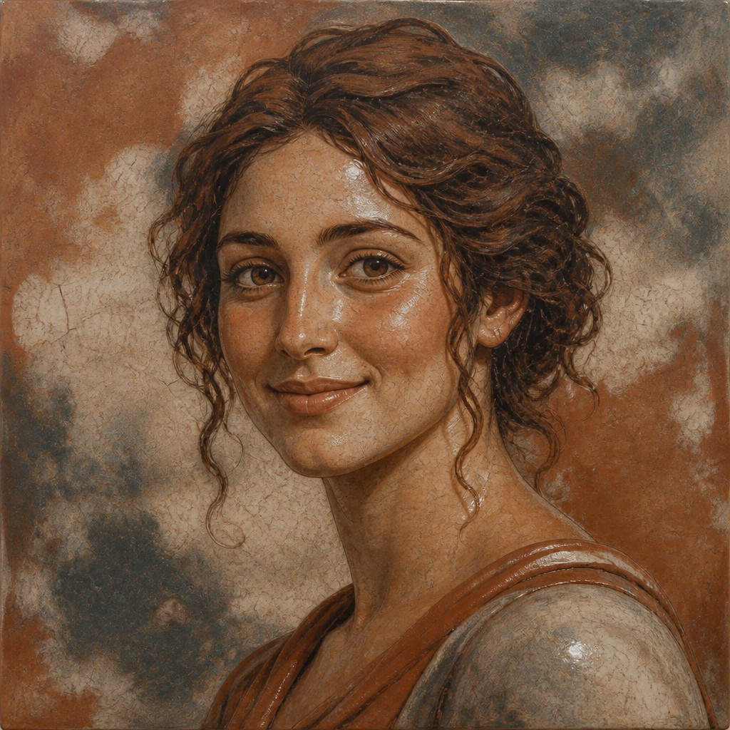 head-and-shoulders portrait of an original character: a young woman with wavy chestnut hair and a warm smile, plain soft backdrop — Terra Sigillata Ceramic Art Style profile picture