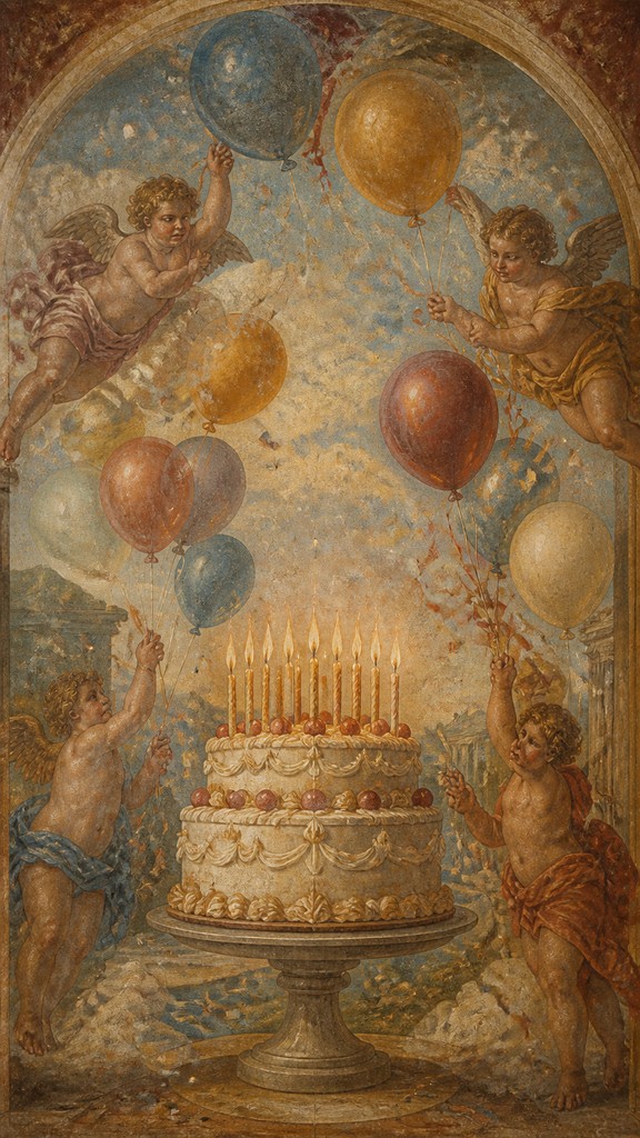 a birthday cake with lit candles surrounded by balloons and confetti, festive vertical composition, no text — Fresco Narrative Renaissance Art Style birthday card