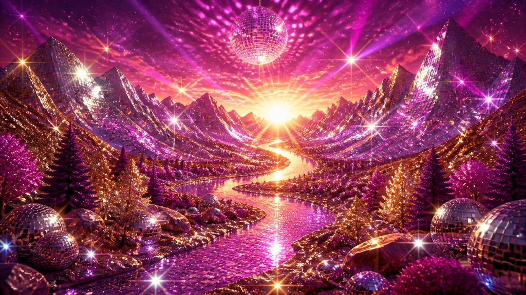a vast valley with a river winding toward distant mountains at sunrise, no people, no text — Disco Aesthetic desktop wallpaper