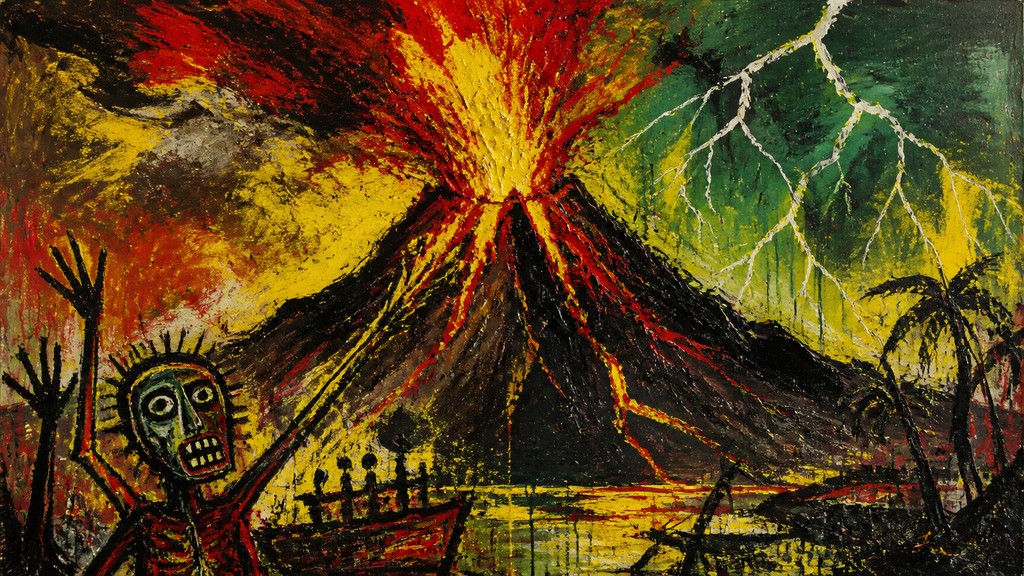 an erupting volcano with lightning strikes, dramatic wide composition, no text — Neo-Expressionism Art Style YouTube thumbnail