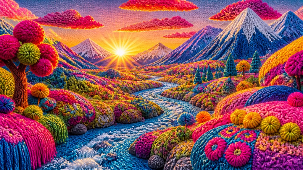 a vast valley with a river winding toward distant mountains at sunrise, no people, no text — Yarn Bombing Street Art Style desktop wallpaper