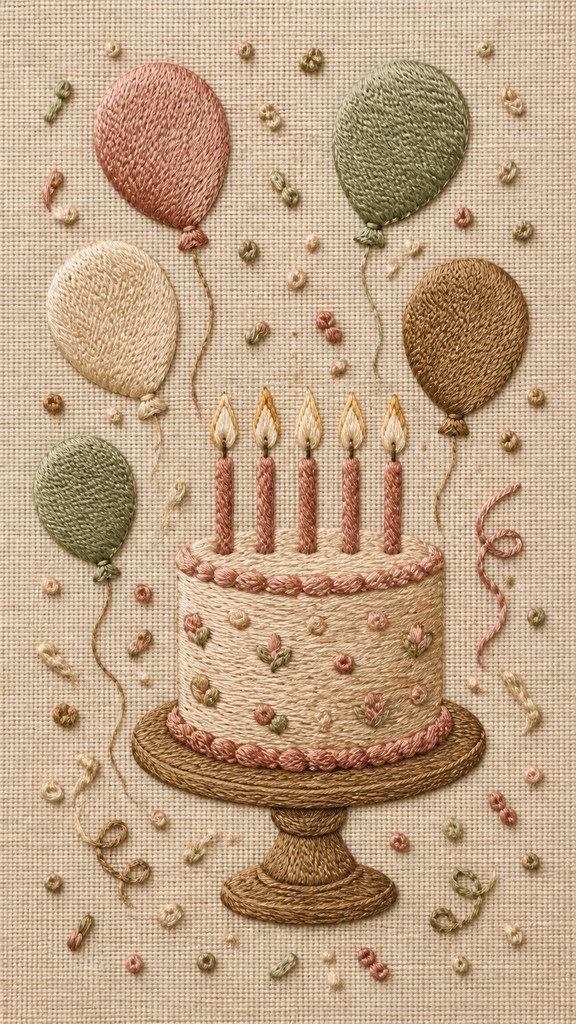 a birthday cake with lit candles surrounded by balloons and confetti, festive vertical composition, no text — Hand Embroidery Illustration / Textile Art birthday card