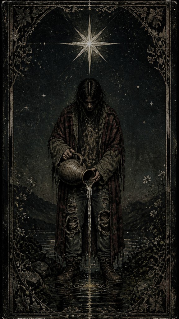 a robed figure pouring water beneath a large eight-pointed star in a night sky, symmetrical composition with an ornate decorative border, no text — Grunge Fashion Style tarot card