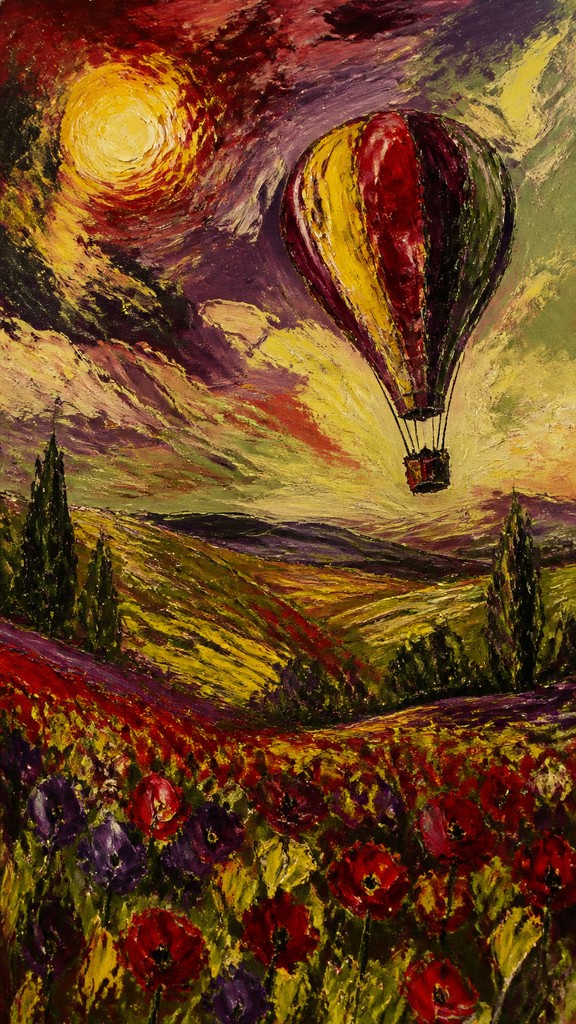 a hot air balloon drifting over rolling flower fields on a sunny day, cheerful, no text — Expressionist Portrait Style greeting card
