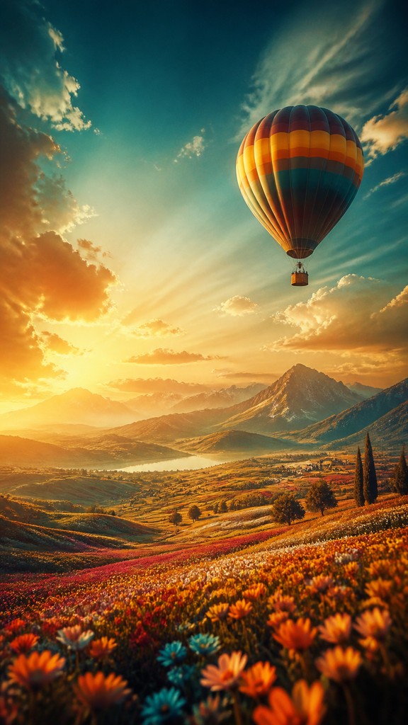 a hot air balloon drifting over rolling flower fields on a sunny day, cheerful, no text — Movie Poster Design greeting card