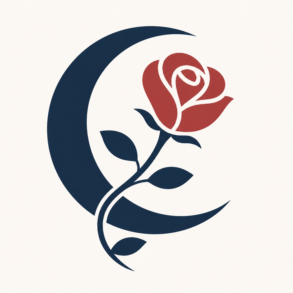 a rose entwined with a crescent moon, clean balanced composition on a plain background, no text — Minimalist Geometric Art tattoo design