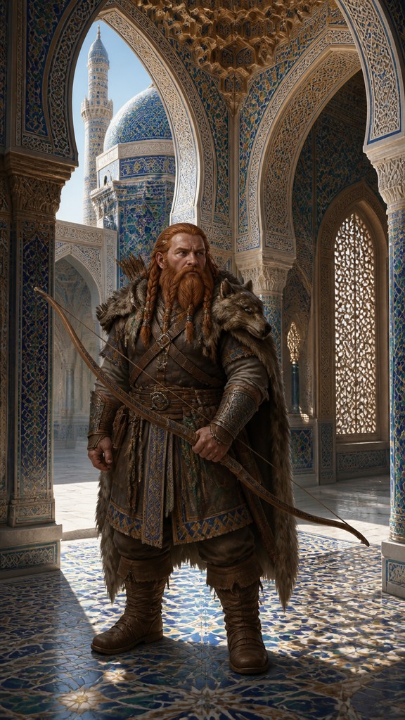 full-body original character: a dwarven ranger with a braided auburn beard, worn leather armor, a longbow and a wolf-pelt cloak, neutral background, no text — Islamic Architecture tabletop character portrait