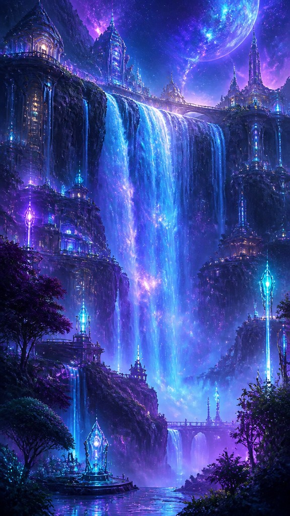 towering waterfall cascading down a cliff — Sci-Fi Fantasy Art