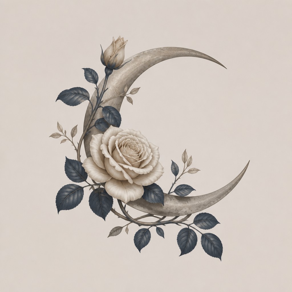 a rose entwined with a crescent moon, clean balanced composition on a plain background, no text — Transitional Interior Design tattoo design