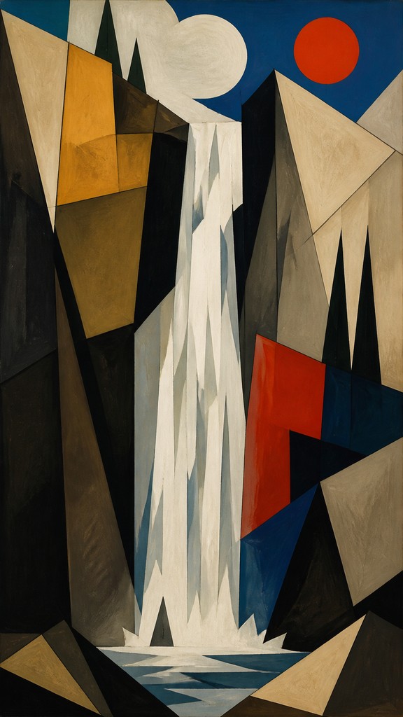 towering waterfall cascading down a cliff — Modernist Art Style