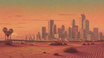 a city skyline panorama at dusk with glowing windows, no people — Desertwave Aesthetic wallpaper