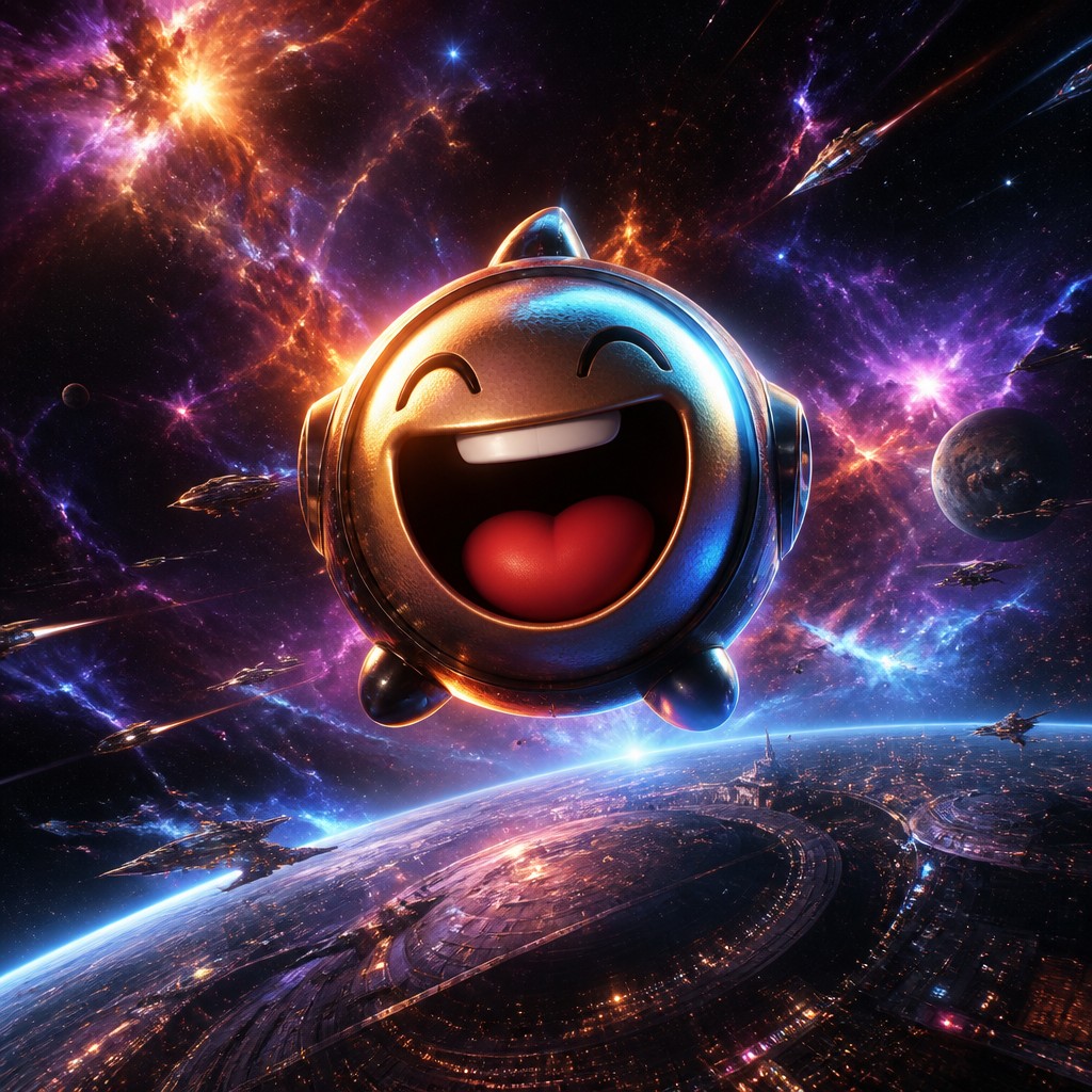 an exaggerated laughing face of an original round mascot character, bold and readable at small size, plain background, no text — Space Opera Sci-Fi Art Twitch emote