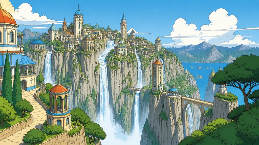 a cliffside city with waterfalls cascading into a misty canyon, wide establishing shot, no people, no text — European Comic Art (Ligne Claire) concept art