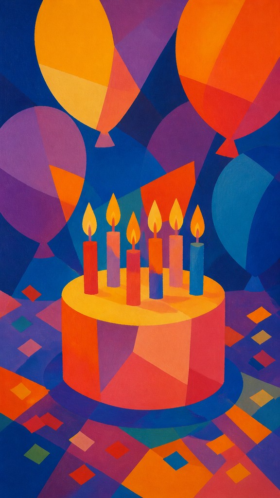 a birthday cake with lit candles surrounded by balloons and confetti, festive vertical composition, no text — Color Field Abstract Art Style birthday card