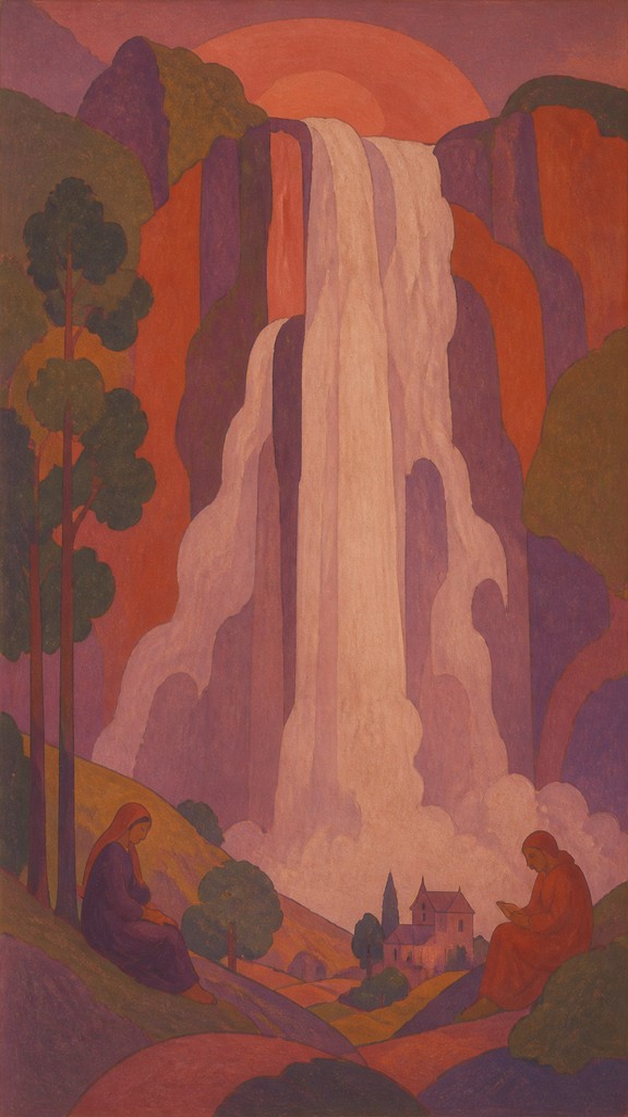 towering waterfall cascading down a cliff — Synthetism Art Style