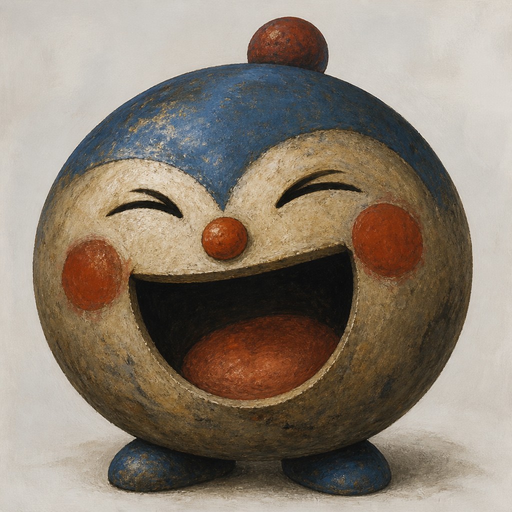 an exaggerated laughing face of an original round mascot character, bold and readable at small size, plain background, no text — Social Realist Figurative Art Style Twitch emote