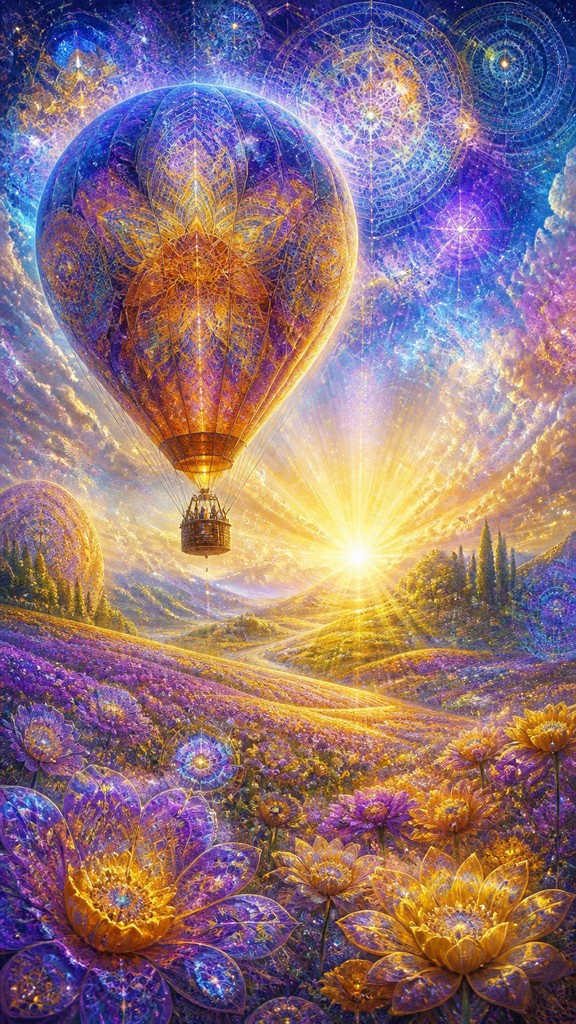 a hot air balloon drifting over rolling flower fields on a sunny day, cheerful, no text — Visionary Art Style greeting card
