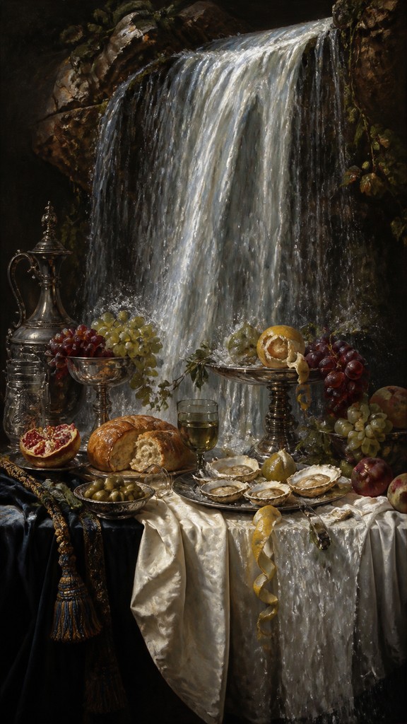 towering waterfall cascading down a cliff — Banquet Still Life Art Style