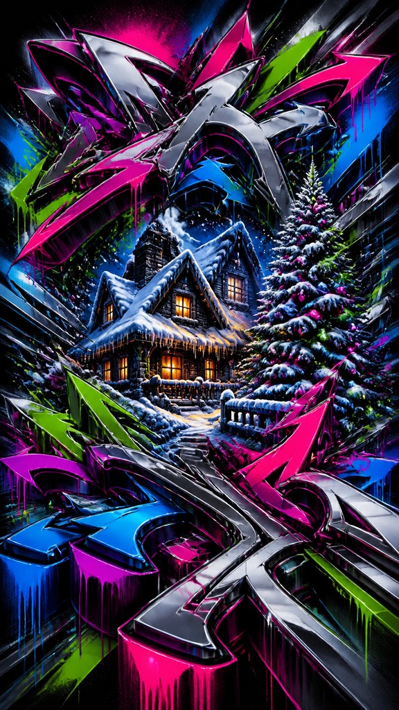 a snow-covered cottage with warm glowing windows beside a decorated pine tree, gentle snowfall, no text — Wildstyle Graffiti Street Art Style Christmas card