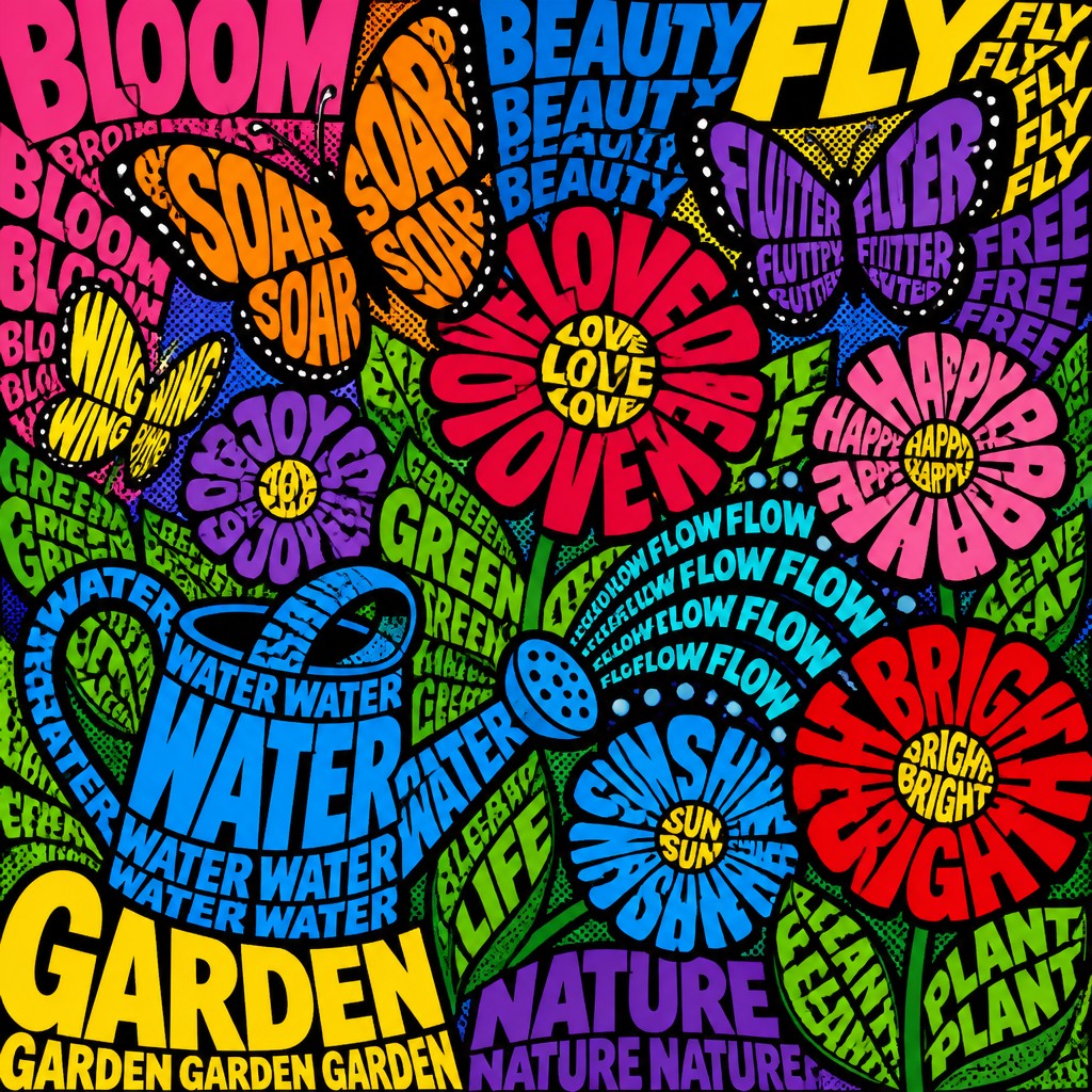 a garden scene with butterflies, flowers and a watering can, clean uncolored line art, no text — Typography Pop Art Style coloring page