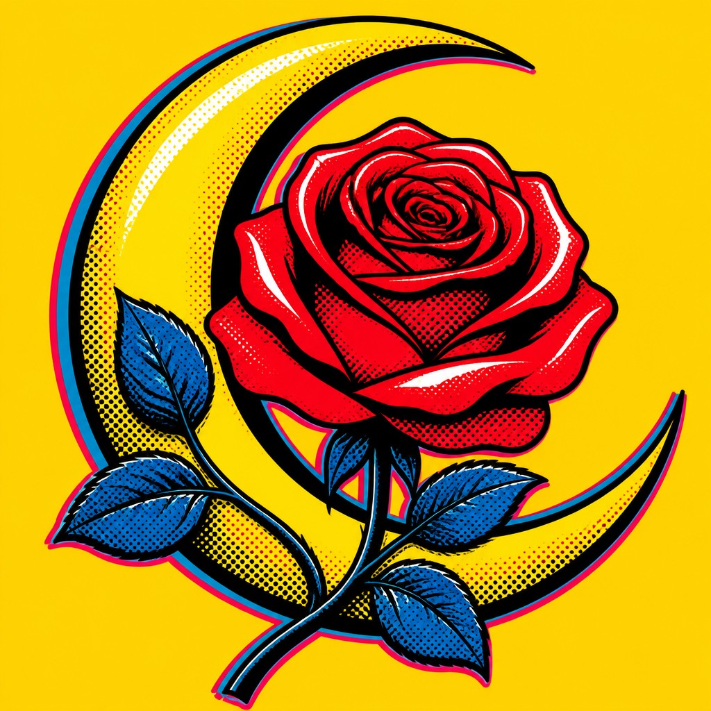 a rose entwined with a crescent moon, clean balanced composition on a plain background, no text — Advertisement Pop Art Style tattoo design