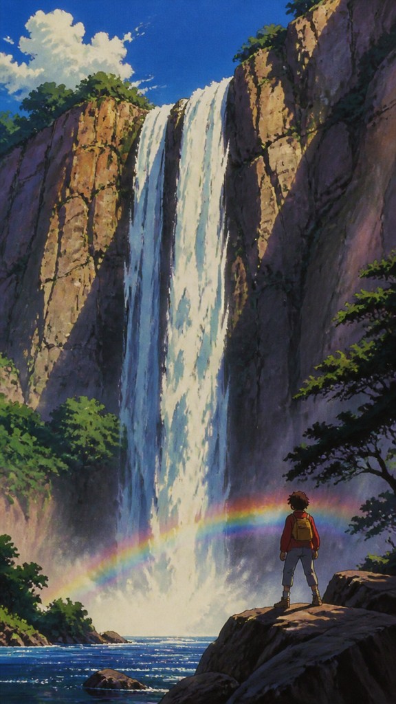 towering waterfall cascading down a cliff — Classic 90s Anime Art Style