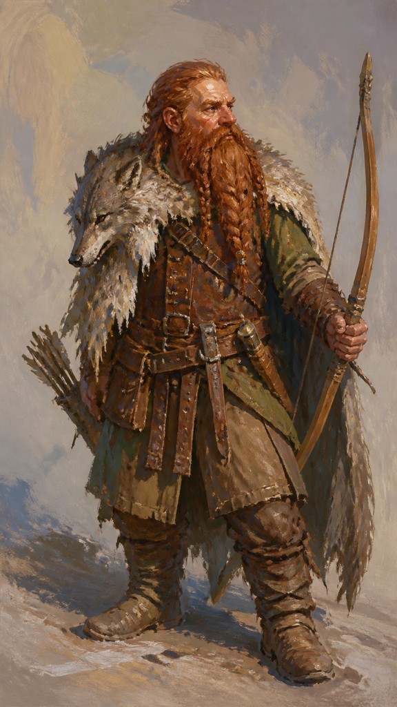 full-body original character: a dwarven ranger with a braided auburn beard, worn leather armor, a longbow and a wolf-pelt cloak, neutral background, no text — Plein Air Landscape Art Style tabletop character portrait